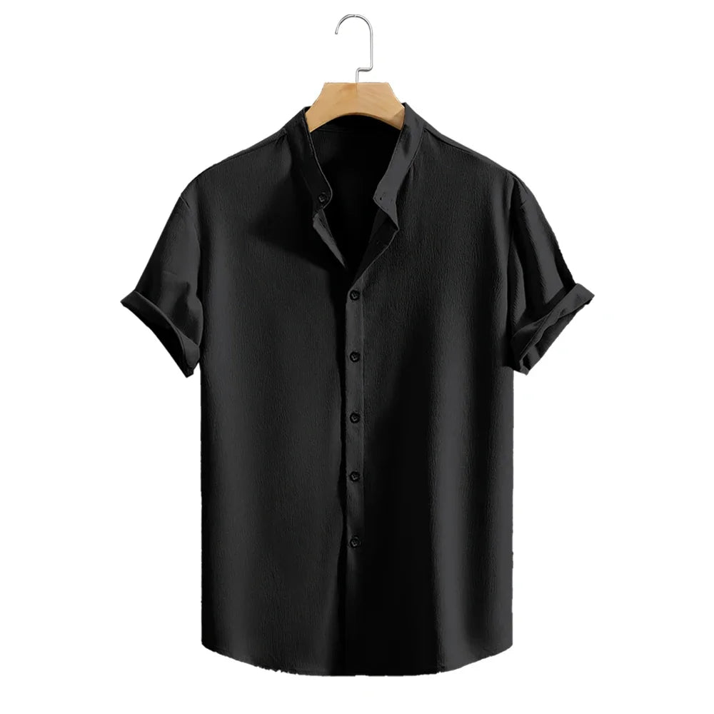 Youth Casual Beach Short Sleeve Shirts Solid Color Loose Casual Breathable Shirt Lightweight Streetwear Male Button Tops