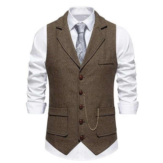 Men'S Retro Lapel Chain Vest Fashion Herringbone Coarse Tweed Pockets Suit Vest British Casual Vintage Gentleman Leisure Party