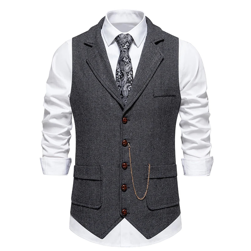 Men'S Retro Lapel Chain Vest Fashion Herringbone Coarse Tweed Pockets Suit Vest British Casual Vintage Gentleman Leisure Party