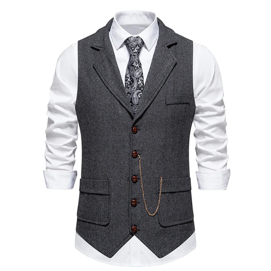 Men'S Retro Lapel Chain Vest Fashion Herringbone Coarse Tweed Pockets Suit Vest British Casual Vintage Gentleman Leisure Party