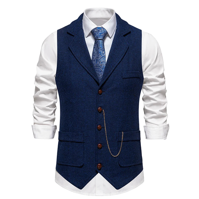 Men'S Retro Lapel Chain Vest Fashion Herringbone Coarse Tweed Pockets Suit Vest British Casual Vintage Gentleman Leisure Party