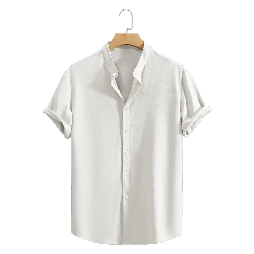 Youth Casual Beach Short Sleeve Shirts Solid Color Loose Casual Breathable Shirt Lightweight Streetwear Male Button Tops
