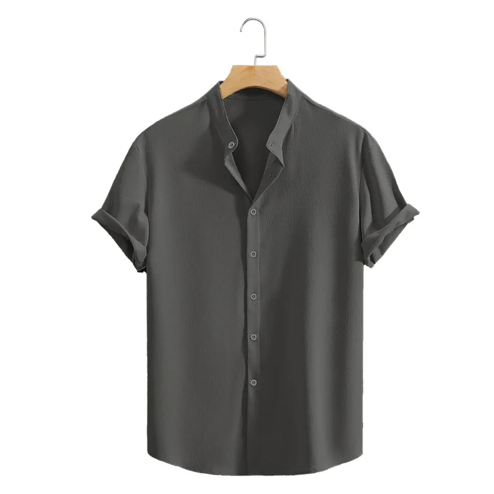 Youth Casual Beach Short Sleeve Shirts Solid Color Loose Casual Breathable Shirt Lightweight Streetwear Male Button Tops