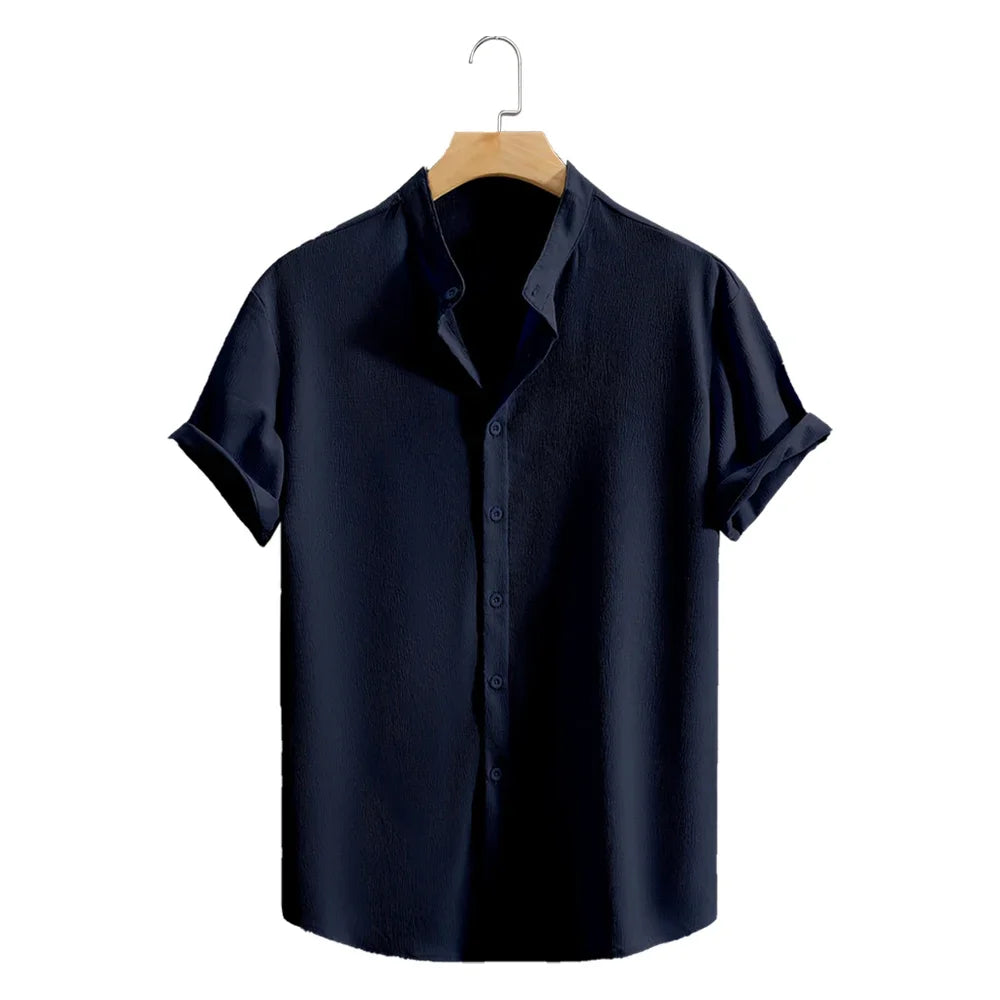 Youth Casual Beach Short Sleeve Shirts Solid Color Loose Casual Breathable Shirt Lightweight Streetwear Male Button Tops
